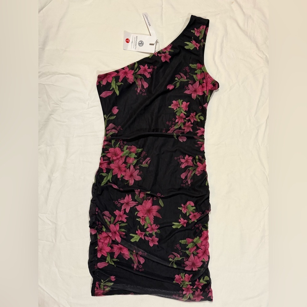 Merokeety Black and Pink Floral Ruched One Shoulder Mini Dress Small - Picture 2 of 6